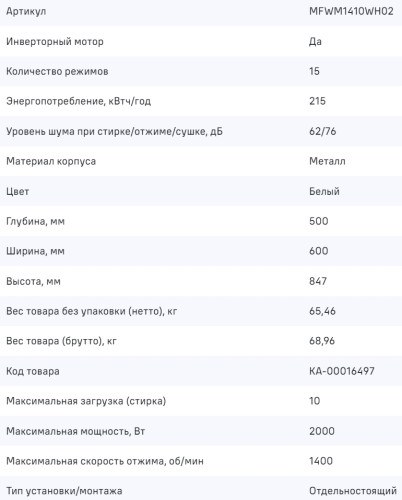Стиральная машина MAUNFELD (Маунфилд) MFWM1410WH02