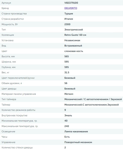 Электрический духовой шкаф Delvento (Делвенто) V6EO79100
