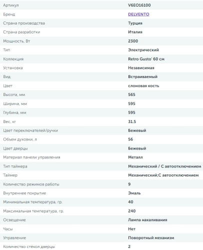Электрический духовой шкаф Delvento (Делвенто) V6EO16100