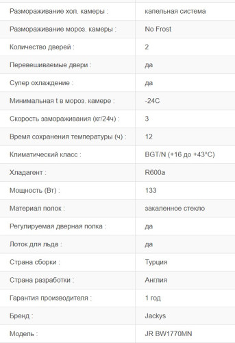 Встаиваемый холодильник Jacky's (Джекис) JR BW1770MN