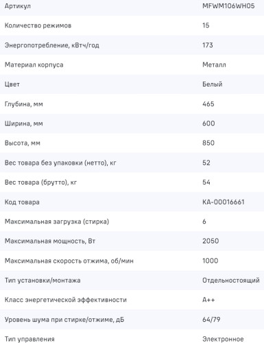 Стиральная машина MAUNFELD (Маунфилд) MFWM106WH05