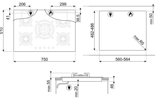 Газовая варочная панель Smeg (Смег) PV675CNR