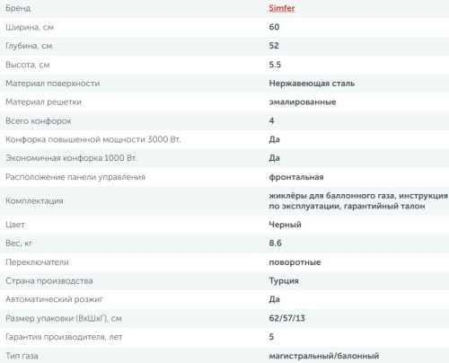 Газовая варочная панель Simfer (Симфер) H60V40B416