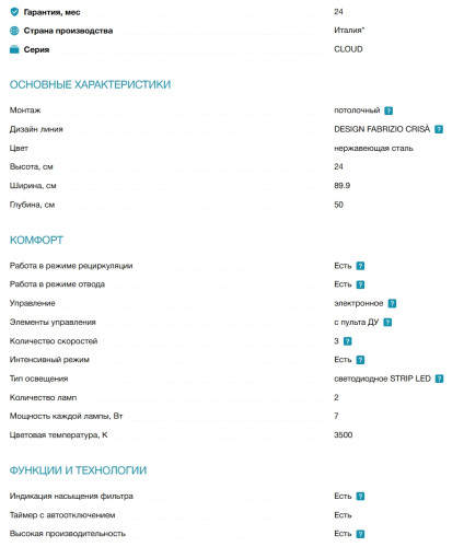 Вытяжка Elica (Элика) CLOUD SEVEN IX/F/90