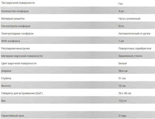 Газовая варочная панель Hiberg (Хайберг) VM 6044 W