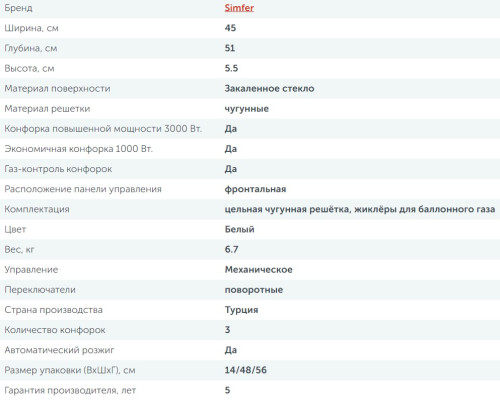 Газовая варочная панель Simfer (Симфер) H45L35W516
