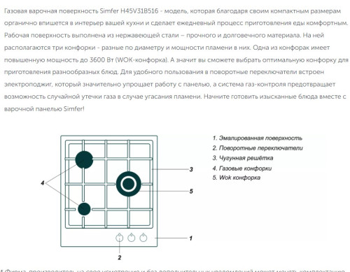 Газовая варочная панель Simfer (Симфер) H45V31B516