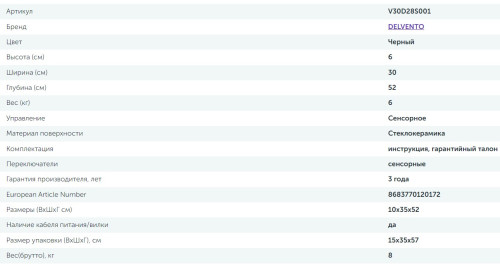 Электрическая варочная панель Delvento (Делвенто) V30D28S001