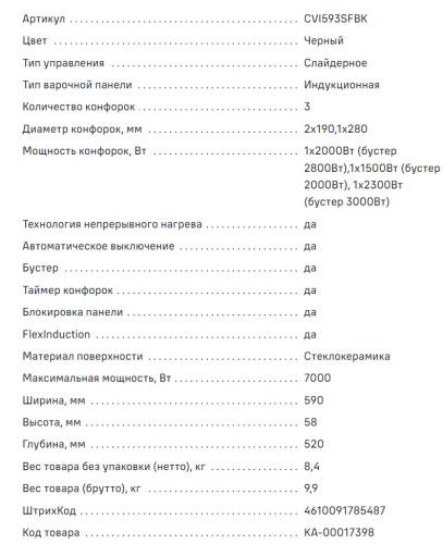 Индукционная варочная панель MAUNFELD CVI593SFBK