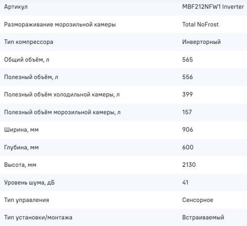 Встраиваемый холодильник MAUNFELD (Маунфилд) MBF212NFW1 Inverter