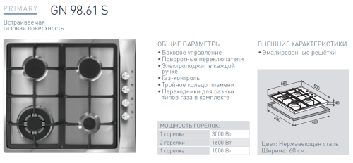 Газовая варочная панель Zigmund-Shtain (Зигмунд-Штайн) GN 98.61 S