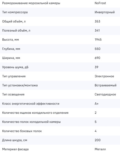 Встраиваемый холодильник MAUNFELD (Маунфилд) MBF193NFW1GR Inverter