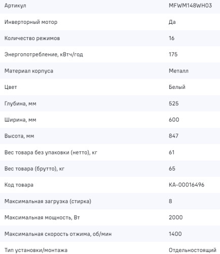 Стиральная машина MAUNFELD (Маунфилд) MFWM148WH03